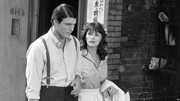 FILE - In this July 8, 1977 file photo, Christopher Reeve, left, and Margot Kidder appear during the filming of 
